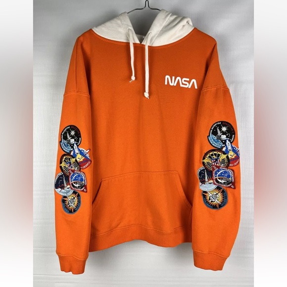 Buzz Aldrin Pacsun Orange Hooded Sweatshirt Large Hoodie Pullover NASA Patches - Picture 1 of 9